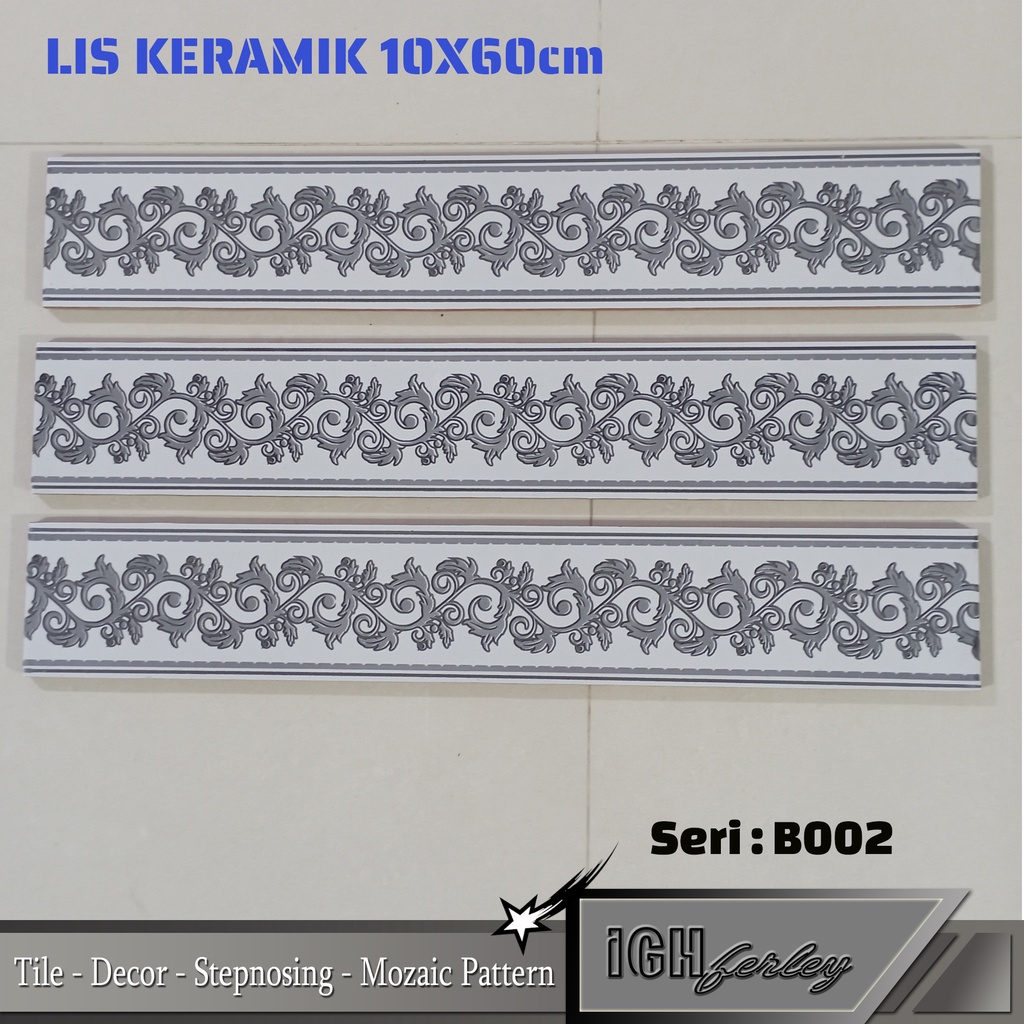 Lis Plin Keramik Dinding 10x60 Motif Floral Abu-abu Glossy List Plint Original Ceramic Tile