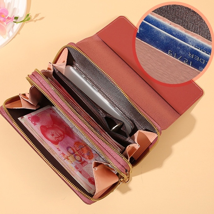 Dompet Panjang Wanita Zipper Multifungsi Tas Selempang Hp Fashion Korea Style Kasual Cewek PU Azgalery D66