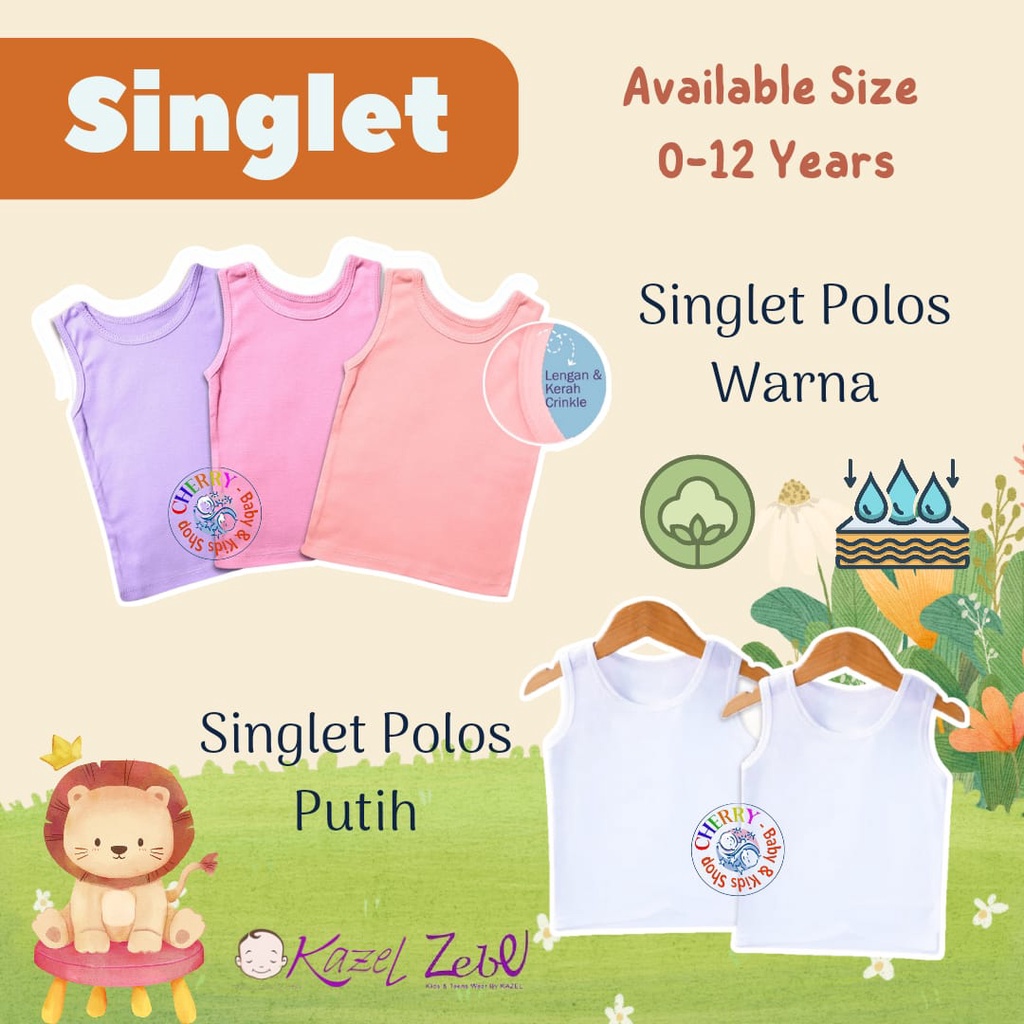 Kazel 3Pc Singlet Putih Adem 0 - 12 Tahun Singlet Warna Putih Anak Kazel x Zebe Half CBKS