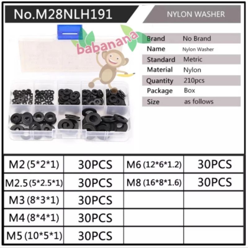 210pcs flat washer nylon ring cincin rata gelang plastik hitam kit set