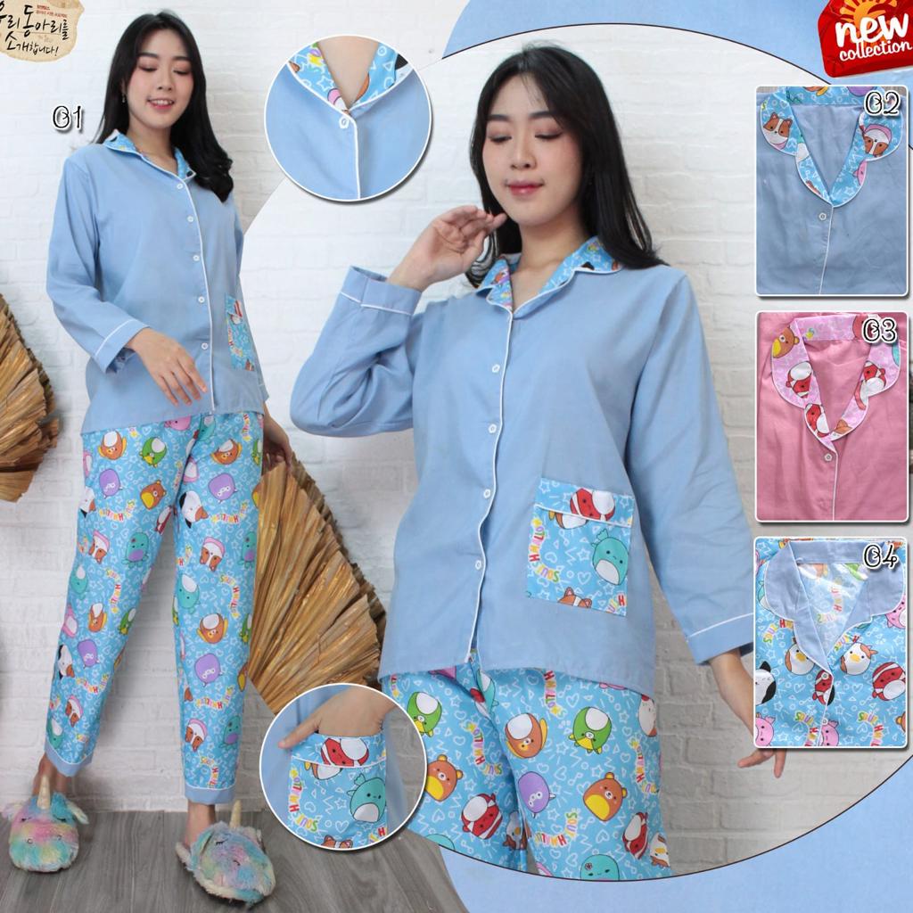 Piyama Wanita Baju Tidur Kombinasi Combi Motif Trendy Lengan Panjang Pendek