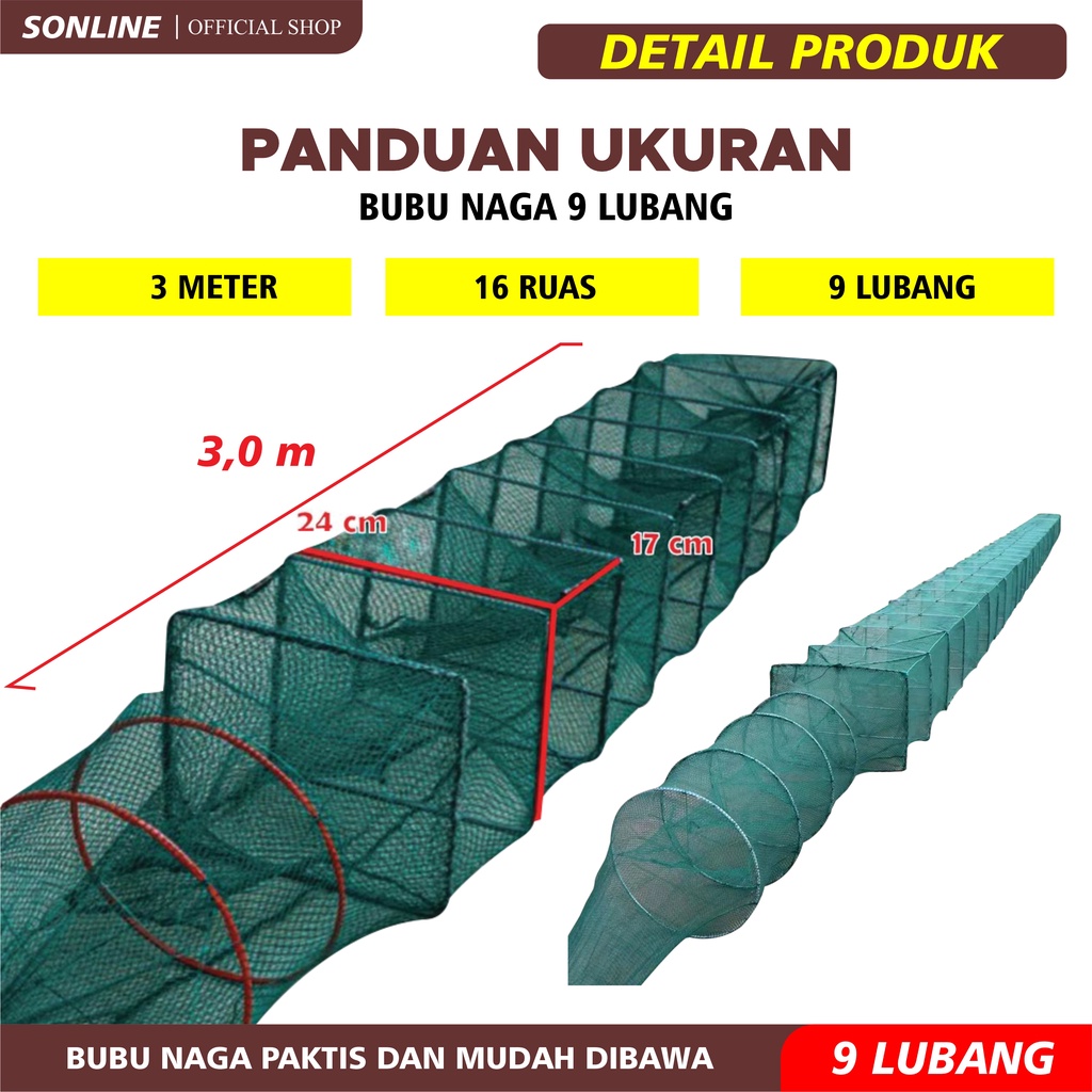 SONLINE Bubu Naga Hijau 3.0 meter / 3.0m Bubu Naga Perangkap Ikan Udang Kepiting Lobster 16 Ruas 9 Lubang