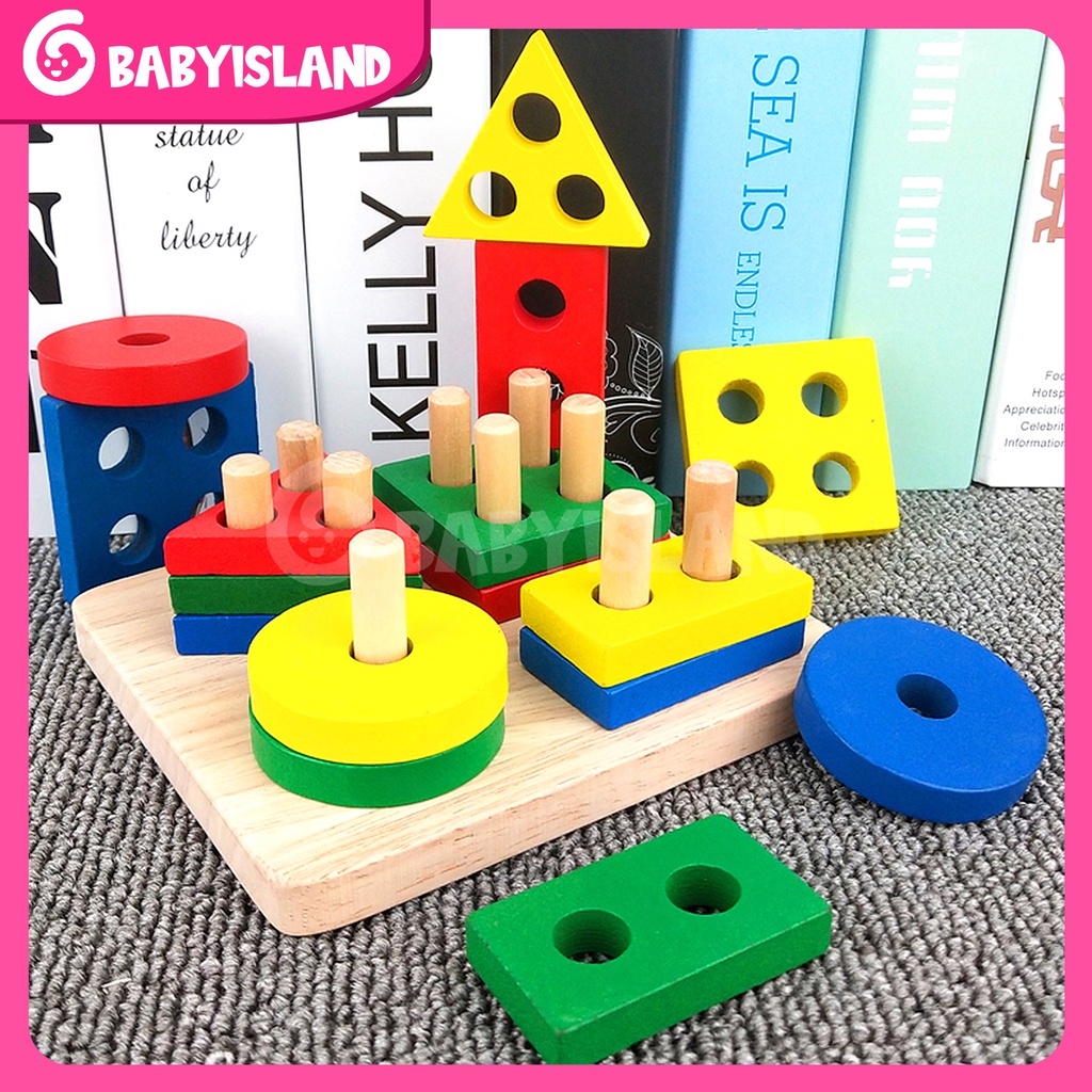 Montessori 3D Puzzle Stacking Warna Wooden Toy Matching Shape Mainan Mainan Anak 2 Tahun Puzzle Kayu