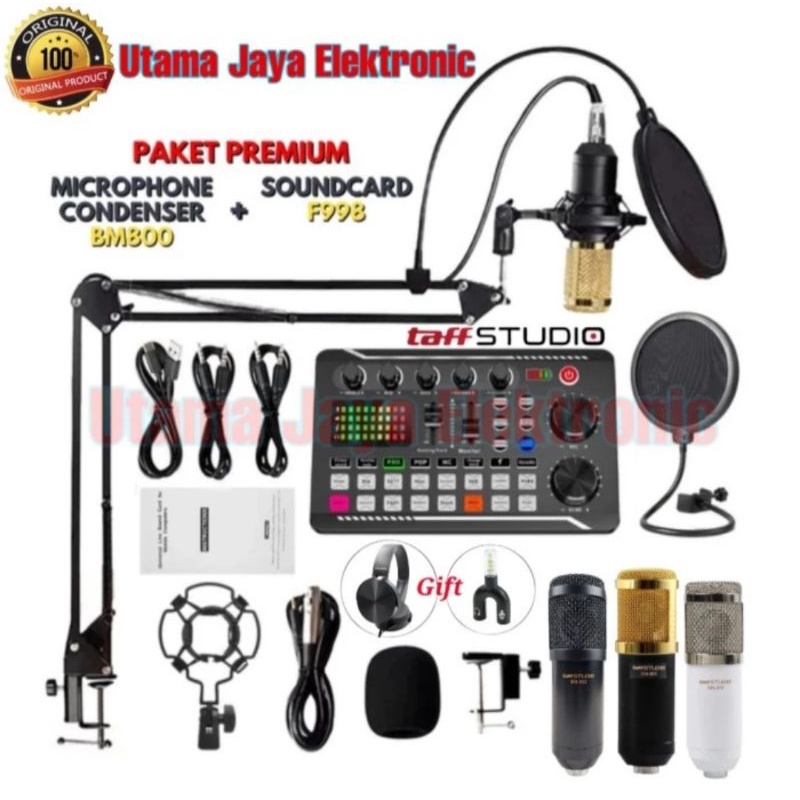 Paket Microphone Condenser BM800 Soundcard F998 Stand Arm Pop Filter