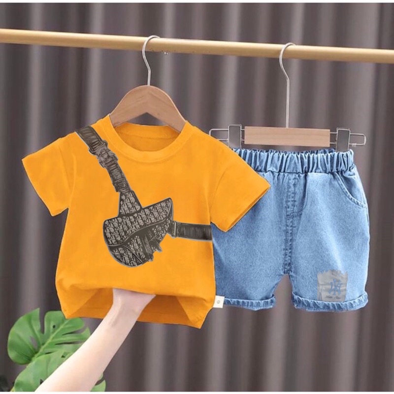 Trendy setelan baju kaos celana jeans denim bayi anak laki laki dan perempuan unisex motif tas wasbag dr best quality usia 6 bulan-5 tahun termurah terlaris terbaru