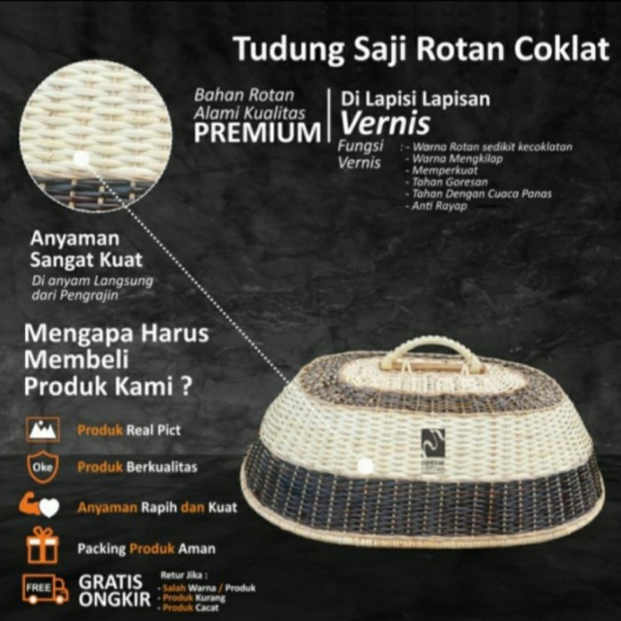 Tud Tudung Saji Rotan Asli Anyam / Tudung Rotan / Penutup Makanan Rotan