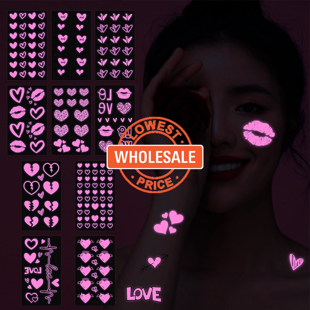 [Harga Grosir] [Warna Random] Hari Valentine Tahan Air Tato Fashion Wanita Jari Lengan Bersinar Tato Cinta Hati Bercahaya Tato Stiker Pink Hati Glow Tato Temporer