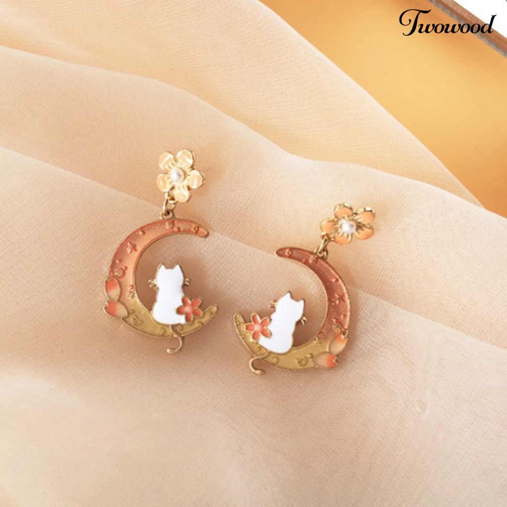 Twowood 1pasang Anting Pejantan Kartun Pola Bunga Sederhana Geometris Electroplating Hias Warna Yang Sesuai Dengan Wanita Bulan Sabit Kelinci Lucu Menjuntai Anting-Anting Aksesori Fashion