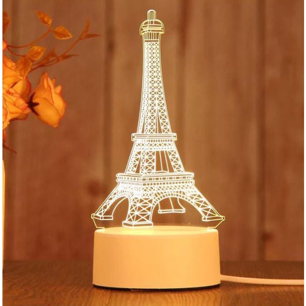 Lampu Tidur Hias LED 3D Acrylic Transparant Kaca Bening Pajangan - PARIS dan LOVE