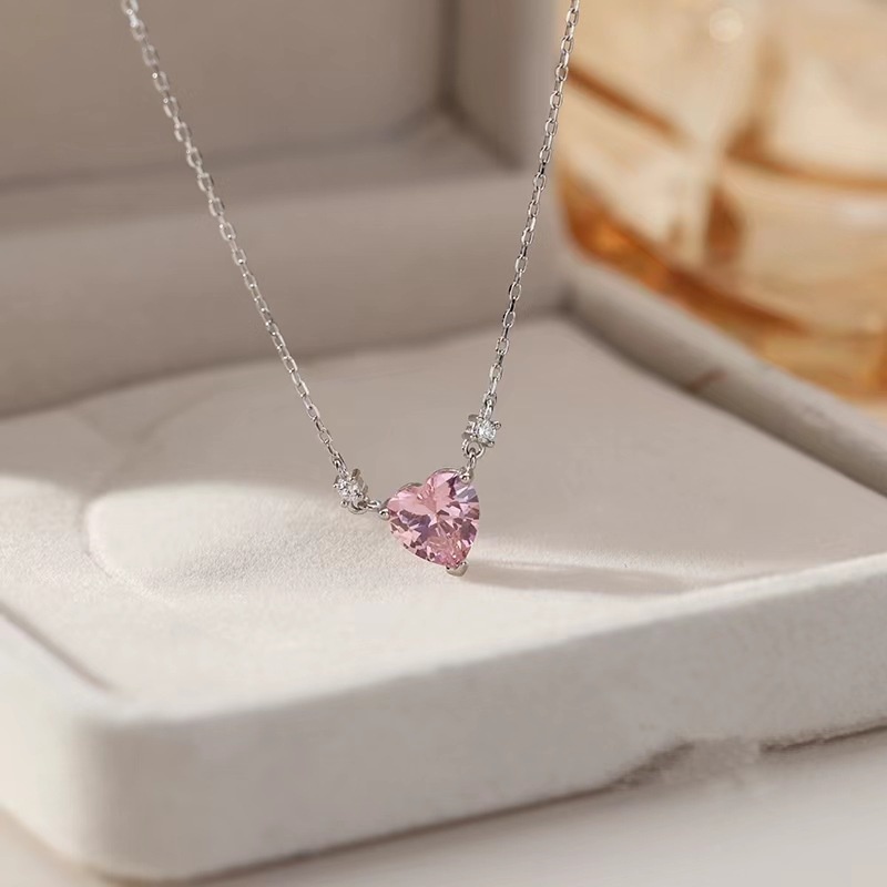 Pandora Kalung925 Perak Pink Cubic Zirconia Berlian Hati Liontin Kalung Wanita Fashion Perhiasan Aksesoris