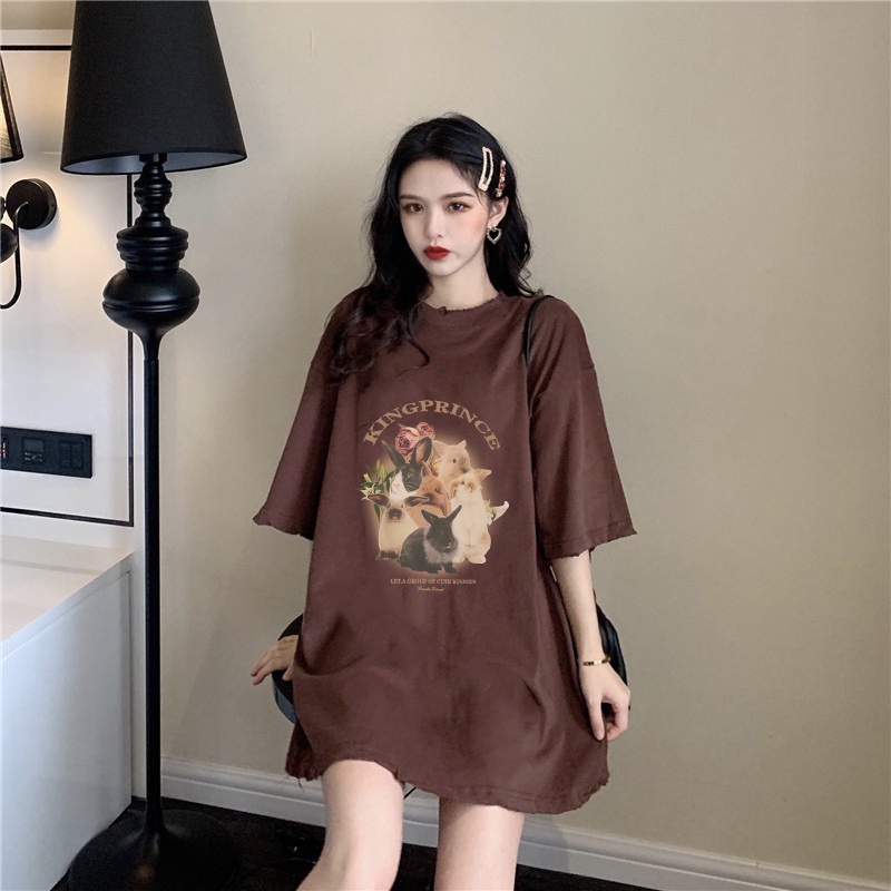 [chaoo.id]Rabbit Kaos Lengan Pendek Cream Atasan Wanita Oversize Printed T-shirt Kekinian Korean Style/atasan wanita import