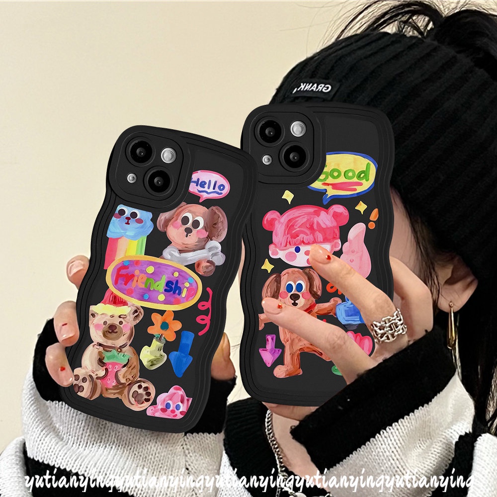 IPHONE Kartun Graffiti Case Kompatibel Untuk Iphone11 12 13 6 6s 8 7 Plus 14 Pro Max XR 14Plus X XS Max SE 2020 Populer Anjing Lucu Gadis Lucu Stiker Lembut Bergelombang Tepi Case