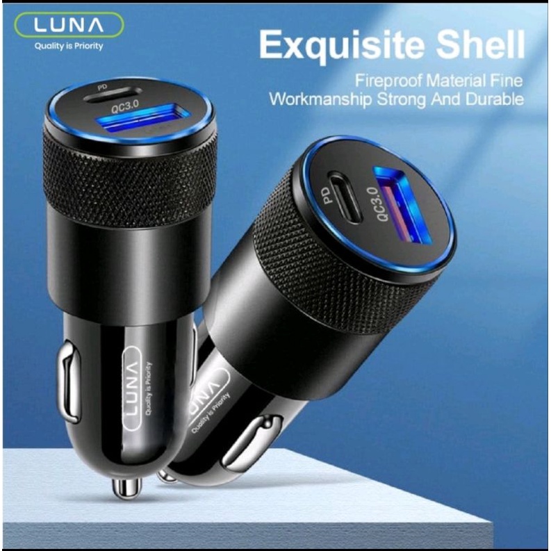 LUNA R1B3 CAR CHARGER COLOKAN MOBIL 2 PORT USB TYPE-C FAST CHARGING PD 36W QC 3.0 QUALCOMM