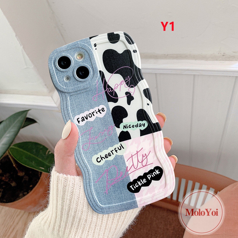 IPHONE Casing Pasangan Tepi Bergelombang Kompatibel Untuk Iphone6 6s 8 7 Plus XR 14 13 12 Pro Max 11 Pro Max 14Plus X XS Max SE 2020motif Denim Splicing Motif Sapi Leopard Lembut TPU Penutup Belakang