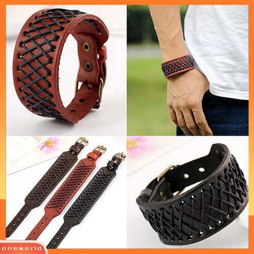 {oneworld} Gelang Kulit Kepang Lebar Gaya Punk Pria Wanita Bangle Retro Gelang Cuff Bracelet