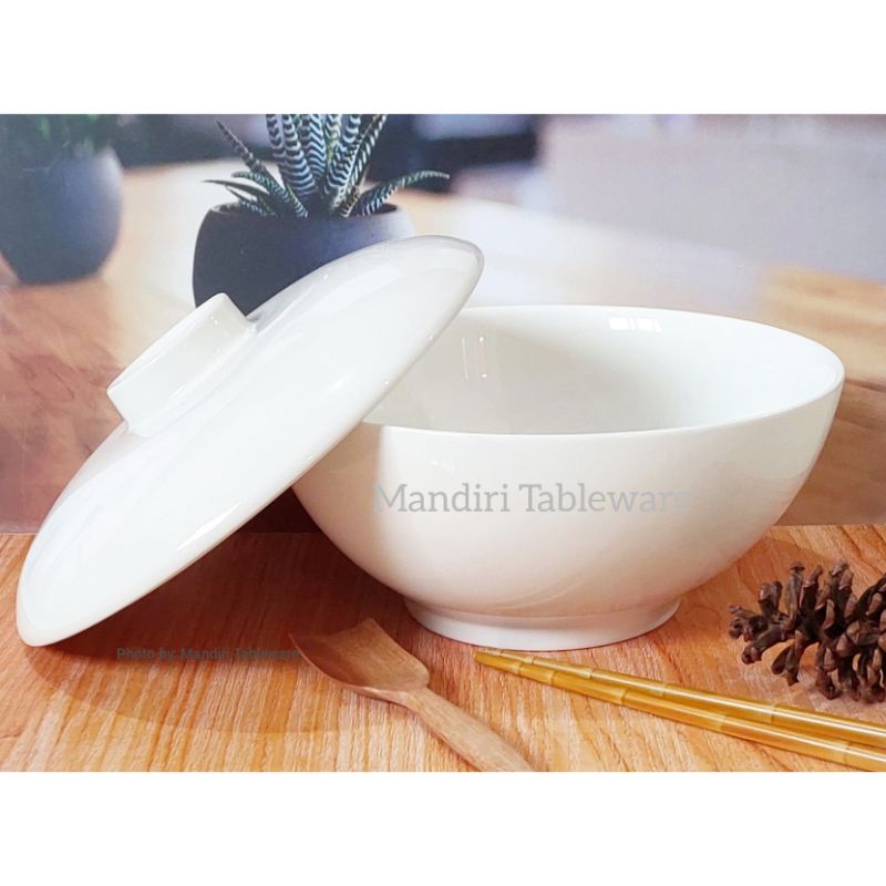 Mangkok Sayur Keramik Plus Tutup 23 cm | Mangkok Saji | Putih Polos | Isi: 1 set