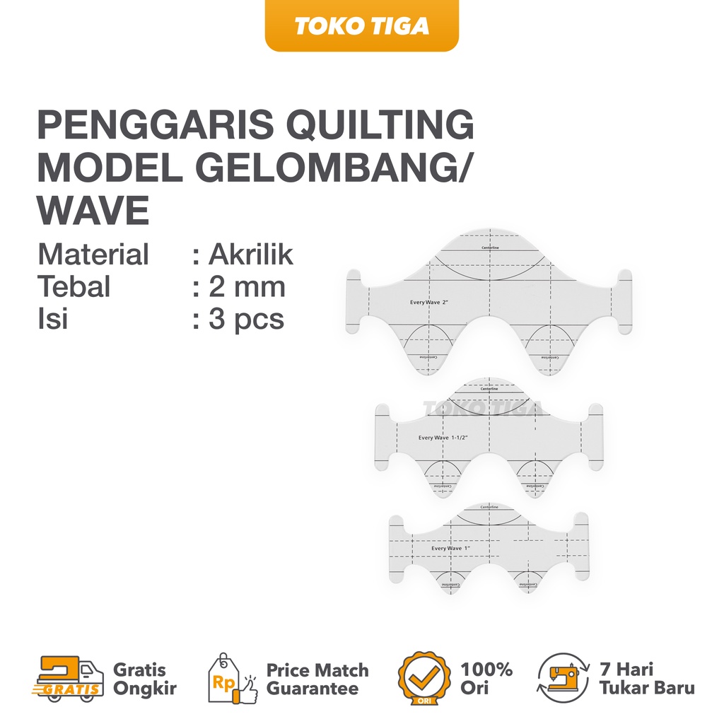 

Penggaris / Quilting Template Model Wave Gelombang Isi 3 Pcs (QTSKEW3)