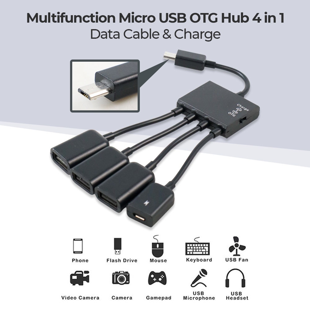 Multifunction Micro USB OTG Hub 4 in 1 Data Cable &amp; Charge - M3H4 - OMUA5ABK Black