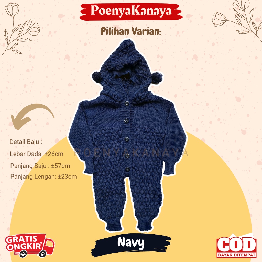 Sleepsuit Rajut Bayi Topi Buka Kaki 0-6 Bulan KD07