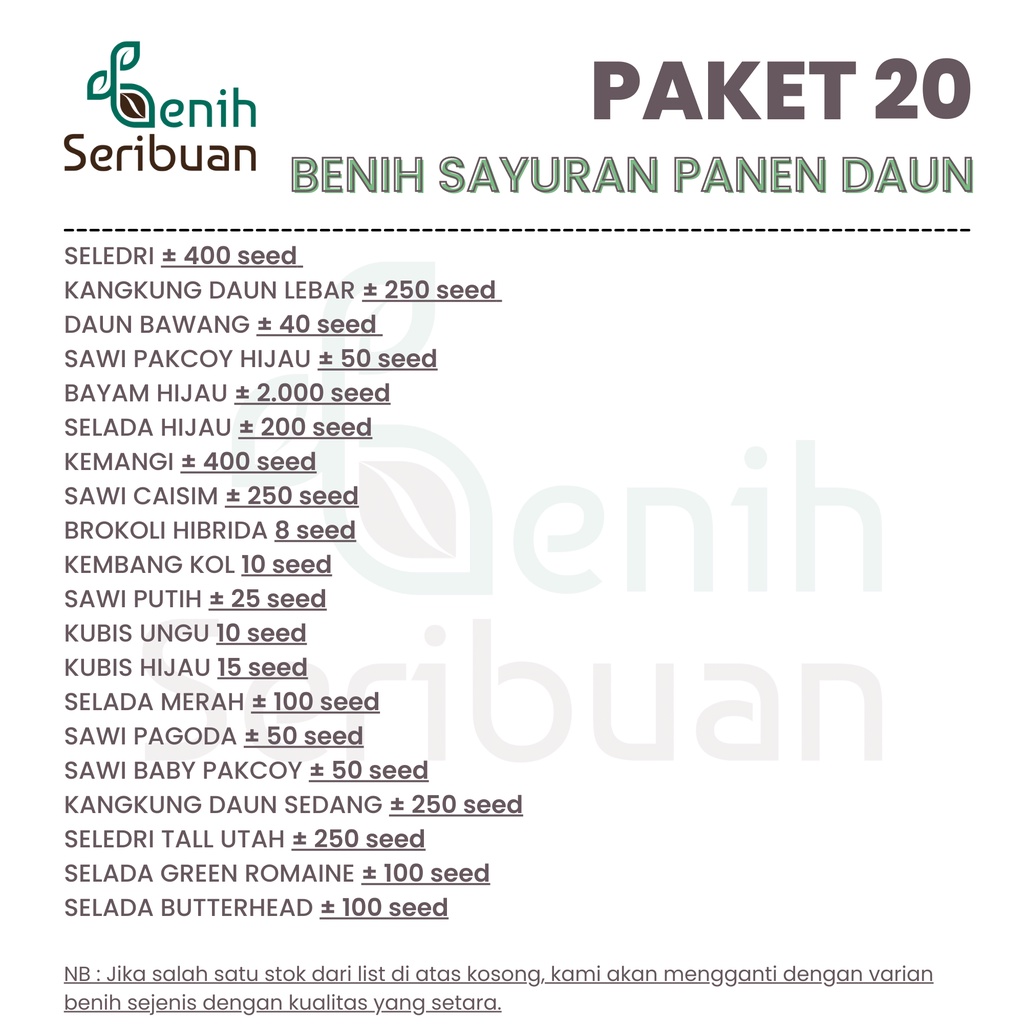 Benih Seribuan - Paket 20 Macam Bibit Sayuran Daun Unggul Pilihan