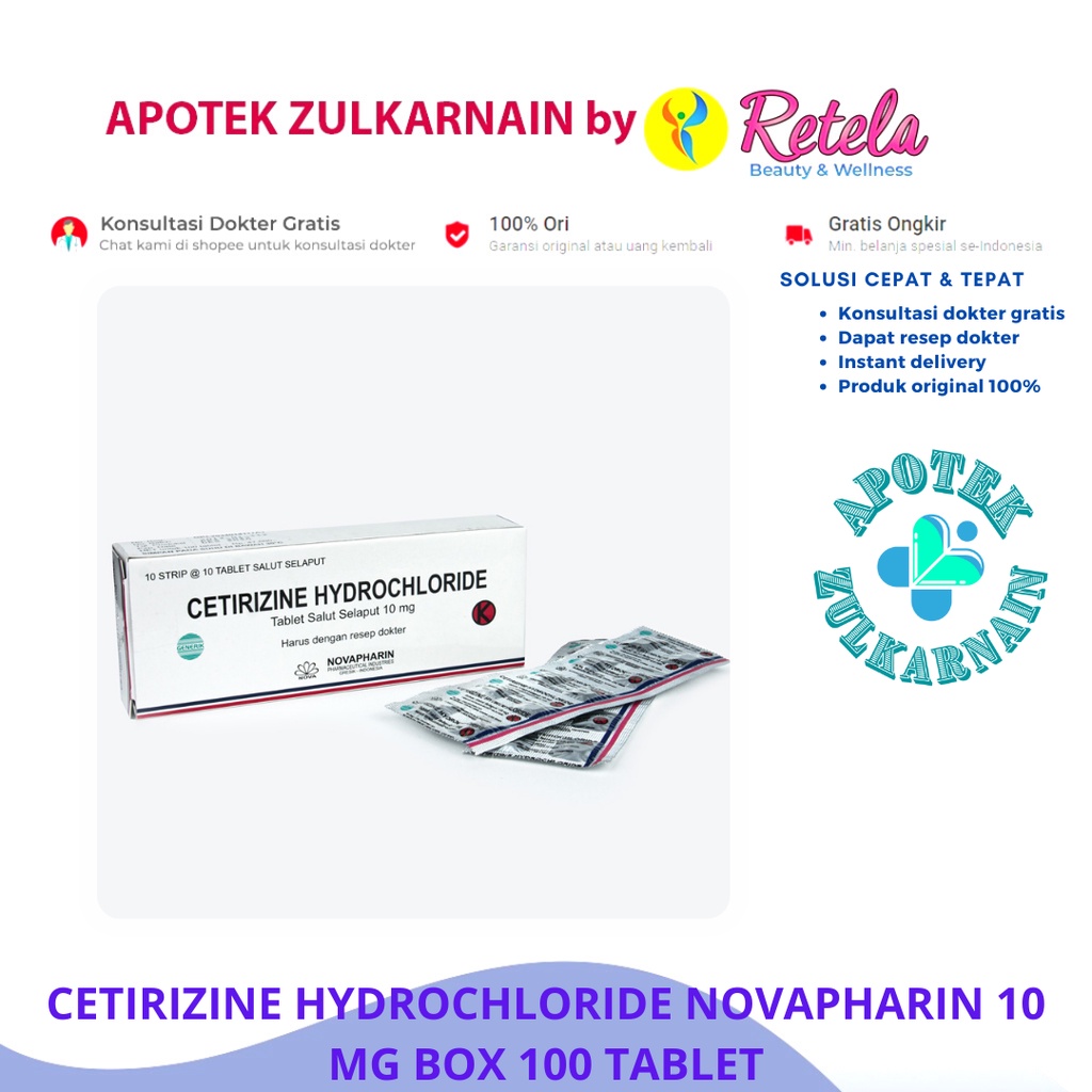 Jual CETIRIZINE HYDROCHLORIDE NOVAPHARIN 10 MG BOX 100 TABLET / alergi