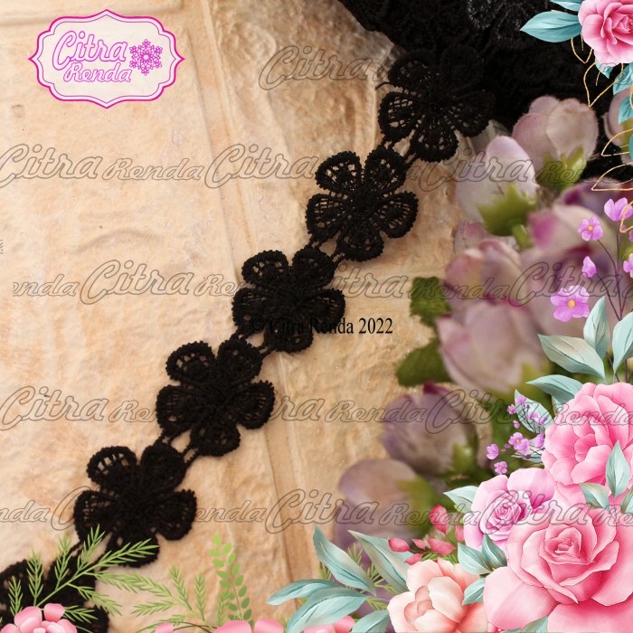 Renda (Per Meter) Rdb396 Renda Bordir Gipper Melati Hitam Lebar 3Cm