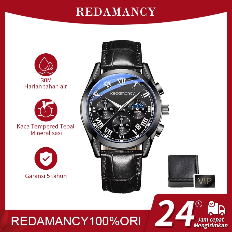 Redamancy Jam Tangan Pria Original Anti Air Kulit Tahan  Hitam Coklat Luxury Chronograph Watch Men Multifungsi