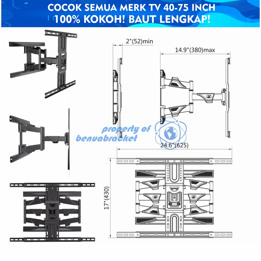 Bracket TV 55 43 50 32 40 60 55 70 42 49 75 Inch Dijamin Cocok LED LCD Plasma 32 - 75 In 6 Arah Universal Breket TV Briket TV Braket TV Gantungan TV Tembok Tempelan TV Dinding BB1 North Bayou P6