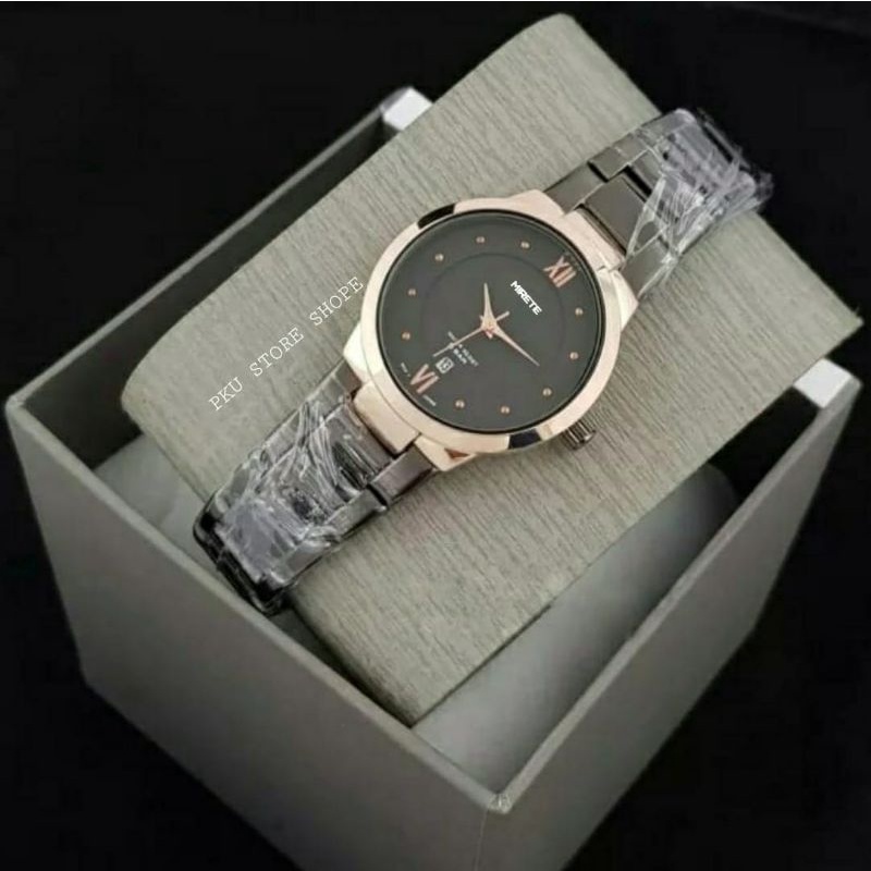 MIRETE Jam Tangan Wanita Import Wanita Kasual Analog Strap Rantai Stainlees Steel Tahan Air / Jam Tangan Cewek Fitur Tanggal Aktif Fashion Wanita