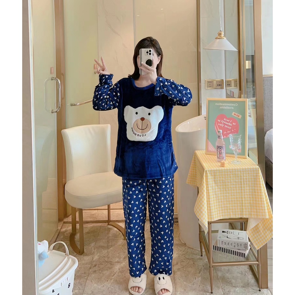 FB2  SETELAN ONE SET SETCEL PIYAMA BAJU TIDUR HANGAT BAHAN BULU BLUDRU PREMIUM PP IMPORT LENGAN PANJ