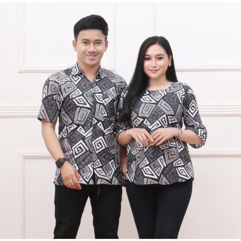 BISA COD-Baju Couple Pria Wanita Kemeja Lengan Pendek Blus Batik Seragam Kerja