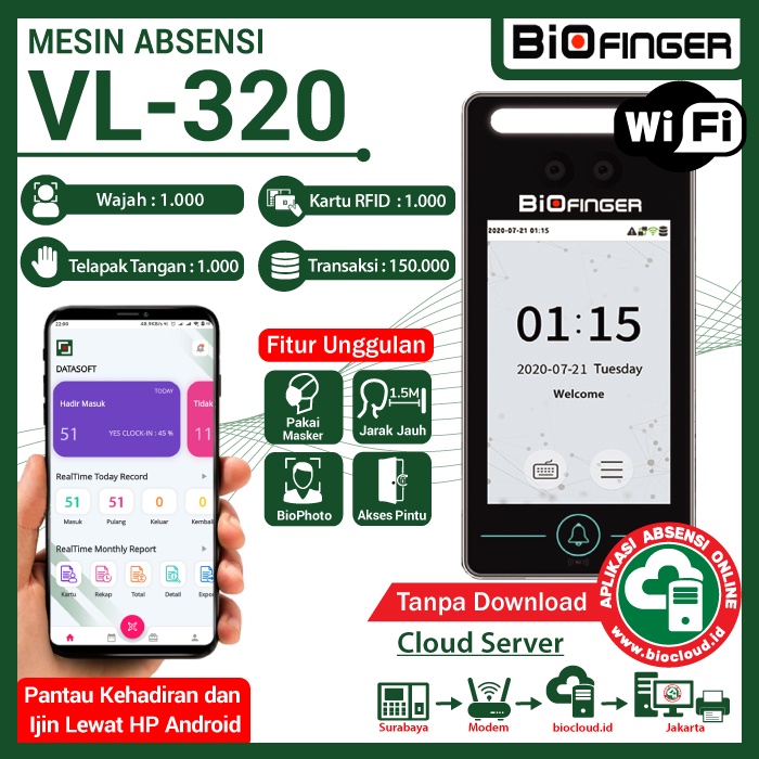 Absensi Wajah Kartu BioFinger VL-320 USB Flashdisk LAN WIFI Akses Kontrol OnLine Cloud Masker Telapak Tangan Masker Akurat Cepat