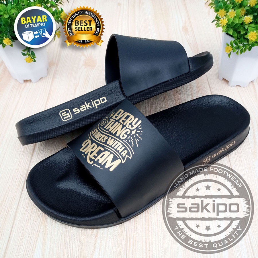 PROMO 1.1 NEW YEAR SALE !! SANDAL DISTRO KEREN KEKINIAN PRIA DEWASA REMAJA SLIDE HITAM EMAS MOTIF TULISAN MOTIVASI / SENDAL SLIDE MURAH TERBARU / SAKIPO