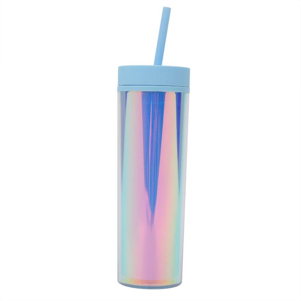 R-FLOWER Cangkir Air 480ml Hadiah Bahan Plastik Double Layer Fashionable Dengan Sedotan
