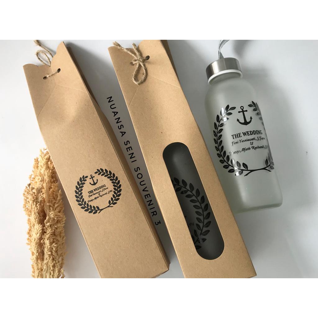 Souvenir Pernikahan Tumbler Kaca Doff 420ml Termos Minum Kaca Botol Sablon Kemas Box Rustic
