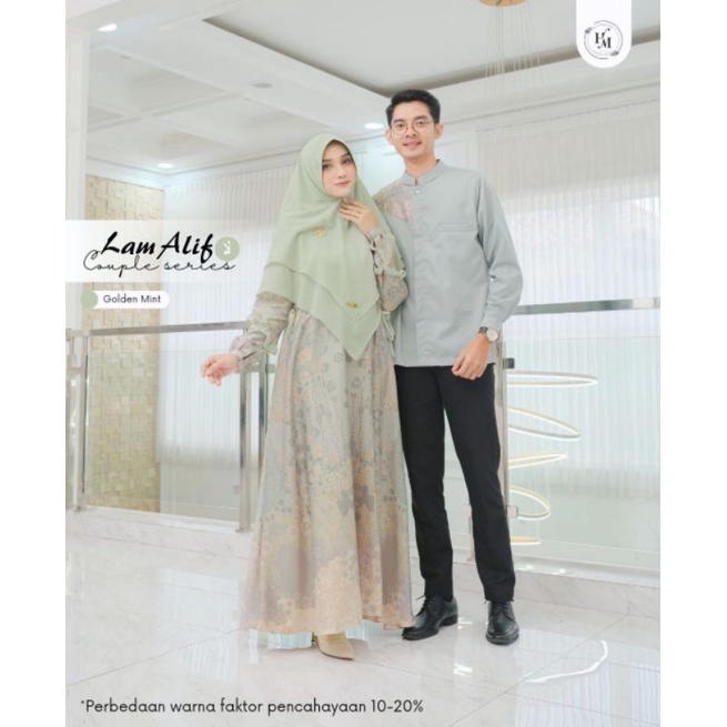 Rinana Hijab | Rinana Outfit | LAM ALIF GOLDEN MINT couple koko gamis | gamis silk | Baju couple kon