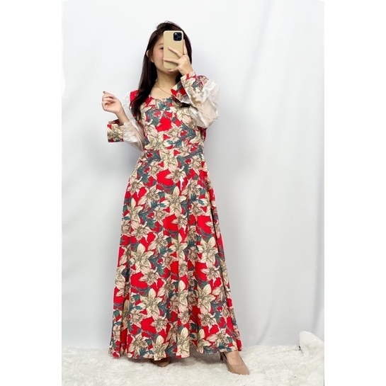 Dress Maxi Motif Bunga Korean Style Lengan Panjang