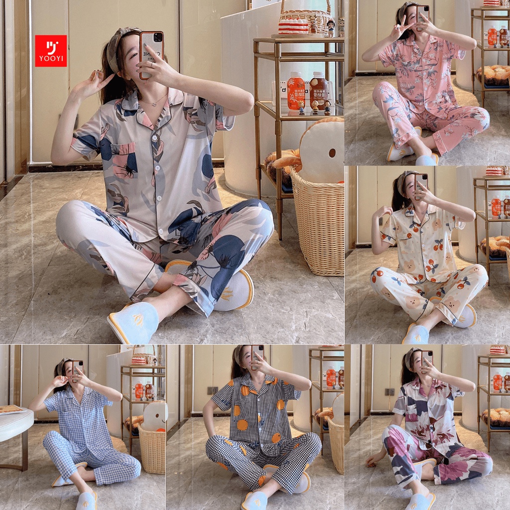Yooyi Baju Tidur Wanita Piyama Cewek Set Kemeja Lengan Pendek Celana Panjang Style Korea Jumbo Dewas