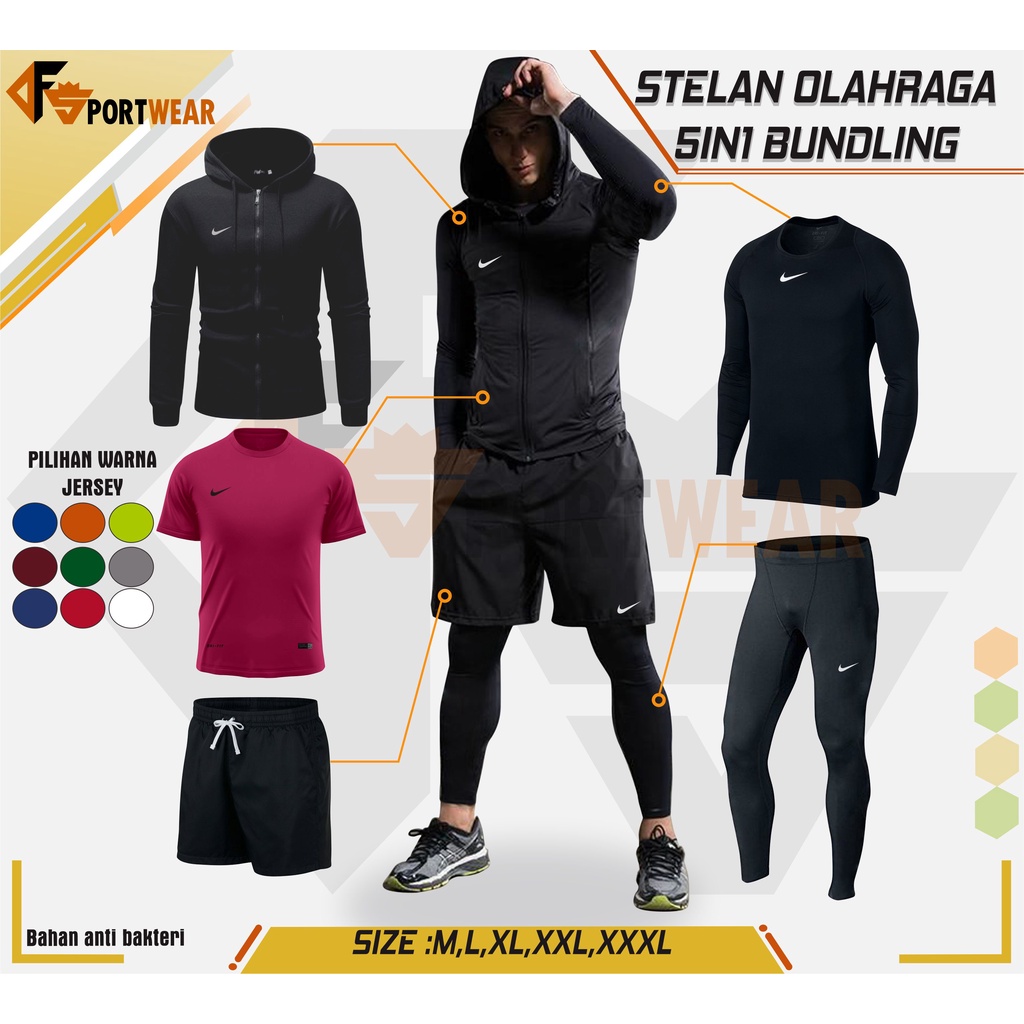 Paket Hemat Stelan Olahraga Pria  5in1 Jaket Hodie Kaos Manset Jersey Celana Dryfit Manset Legging M,L,XL,XXL,XXXL