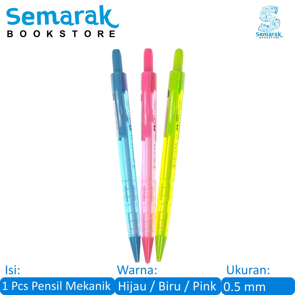 

Faber Castell Tri Click Mechanical Pencil Pensil Mekanik Grip Segitiga 0.5 mm - Hijau / Biru / Pink
