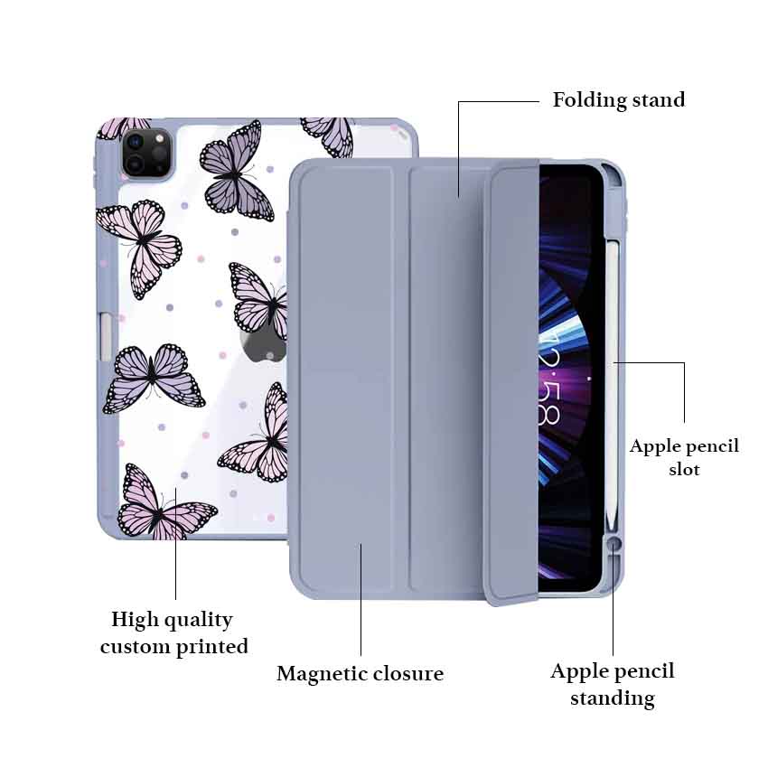 CUSTOM BUTTERFLY LILAC Acrylic Case IPAD With Pen Holder for NEW IPAD AIR 3 4 / IPAD GEN 7th 8th 9th / IPAD PRO 11 12.9&quot; inch / IPAD MINI 5 6 2020 2021 2022