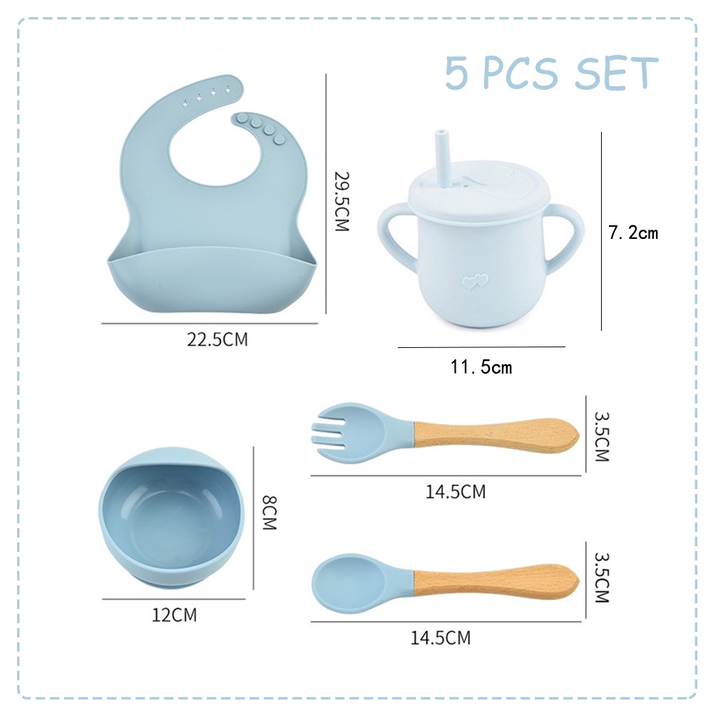 5 Buah Set Tempat Makan Silicon SUCTION Dengan Bib Peralatan Makan Anak Murah Tableware Silikon Anak Import Bib Gelas Mangkok Piring Silicone