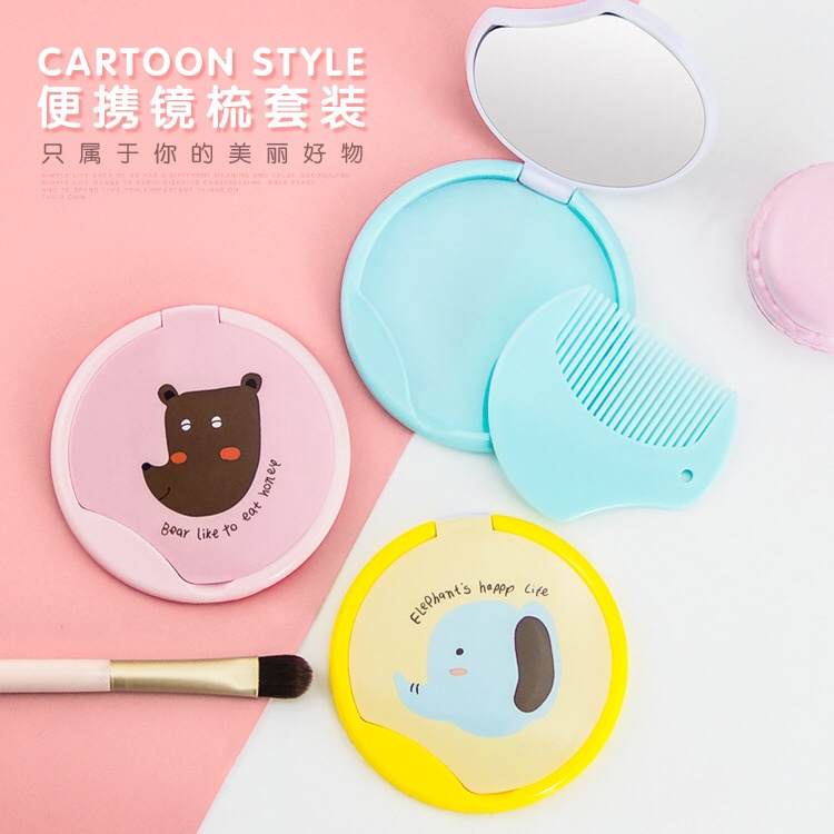 Yamata Sisir Cermin Mini / Cermin Lipat Sisir Plastik Motif Lucu Mudah Bawa / Cermin Bulat Mini