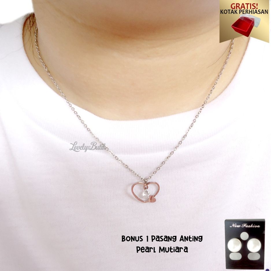 Kalung Titanium Anti karat Wanita Korea Terbaru Nitt4 Bonus Kotak Perhiasan Gratis 1 Anting Pearl Mutiara  - Lovelybutik