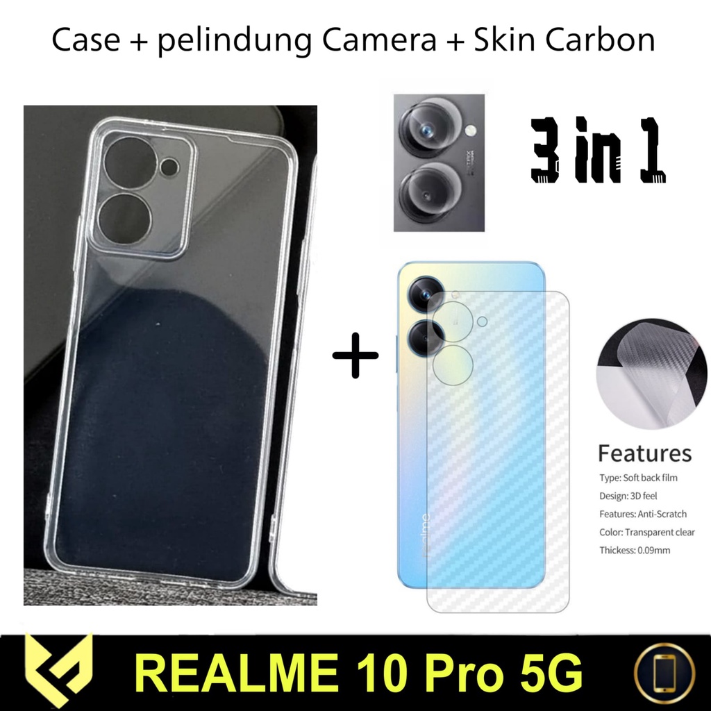 Promo Paket 3In1 Case For REALME 10 PRO PLUS / REALME 10 PRO 5G / REALME 10 SoftCase Clear HD Free Tempered Glass Camera &amp; Skin Carbon Anti Gores Jamur Handphone