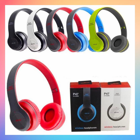 HEADPHONE BLUETOOTH P47 MACARON PURE BASS / HEADSET BLUETOOTH P47 MAKARON / HEADSET BANDO GAMING LIPAT WIRELESS PUBG MOBILE LEGEND GAME