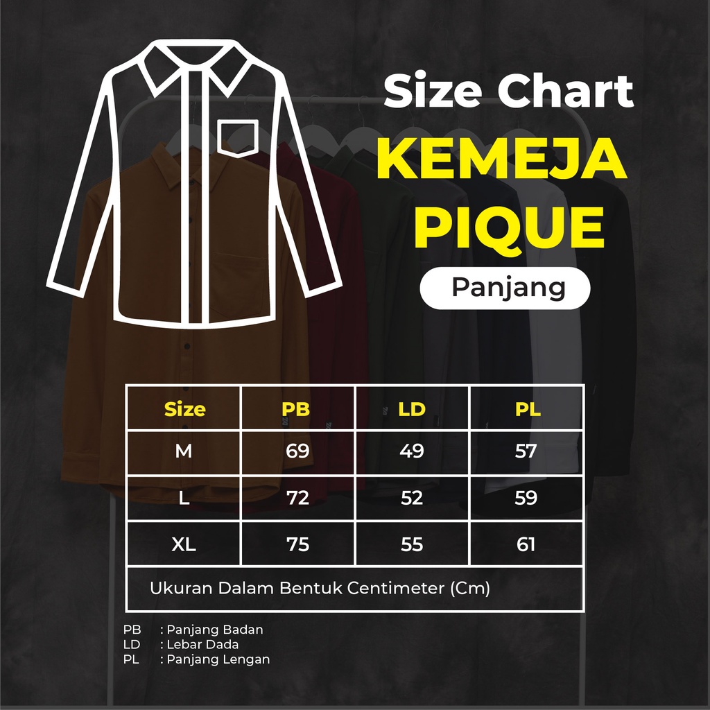 Kemeja Polos Pria Lengan Panjang Pique Premium (Hitam, Putih, Army, Navy, Maroon, Dark Mustard, Abu-Abu, baju dll)