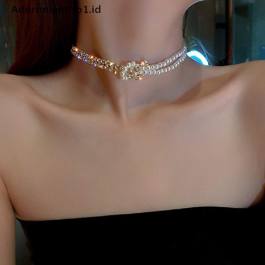 [AdornmentNo1] Kalung Choker Kristal Mutiara Gaya Korea Untuk Wanita Rantai Pendek Berlian Imitasi Kalung Pernyataan Perhiasan Pesta Hadiah Yang Indah [ID]