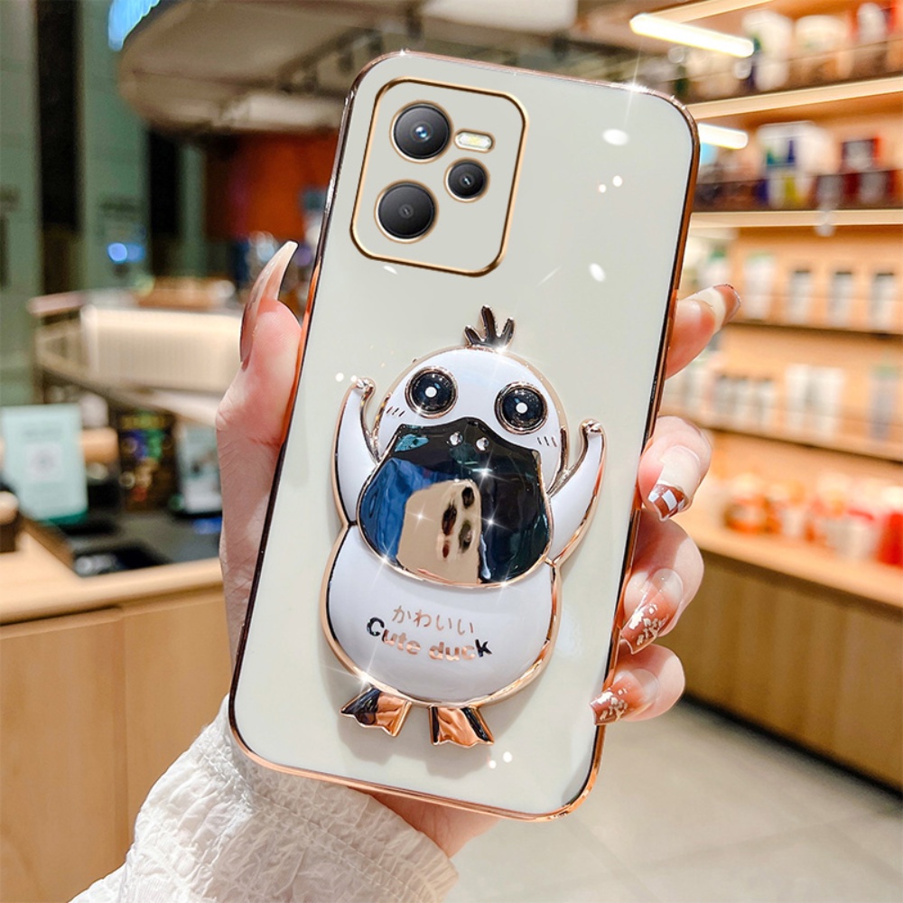 Cute Psyduck Case for Realme C35 C21Y C25Y Realme 8i C11 2021 C15 C12 C25 C25s C20 RealmeC2 5 Pro 6i 7i Narzo 30A Cases Plating Duck Folding Stand Holder Rubber Soft Phone Cover