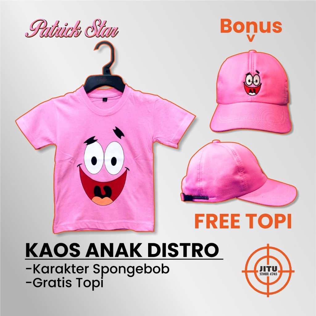 KAOS DTF ANAK DISTRO KARAKTER SPONGEBOB PATRICK SANDY SQUIDWARD MR CRAB BONUS GRATIS TOPI BORDIR